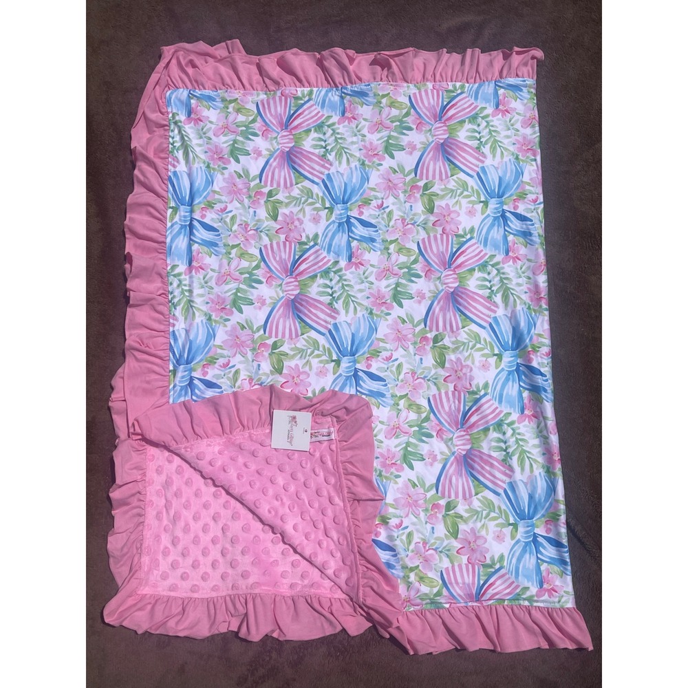 Bamboo Baby Blanket Pink Bows Floral Minky Ruffle Soft Clover Cottage NWT